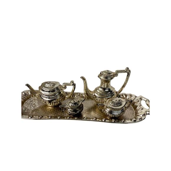 Vintage Miniature Dollhouse Silver Plated Tea Set 6-Piece w/ Tray 1990s #756165 - Picture 2 of 7